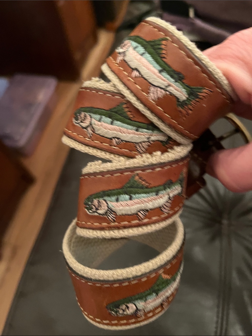 Fish Embroidered Leather Belt - Brown & Green